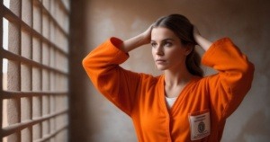 A inmate girl who is looking outside the jail cell