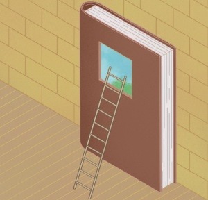 There is a book which has a window and a ladder is put by the window