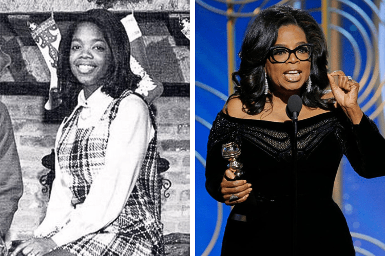 Young Oprah Winfrey with a bright smile, wearing a stylish outfit vs Present-day Oprah Winfrey, confident and successful.